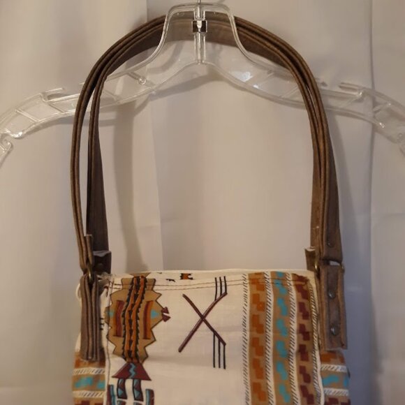 New Vinyl Double handle Shoulder Satchel Bag Purse Brown Aqua Southwestern print - Picture 3 of 12